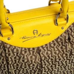 Pre Owned Aigner Beige/Yellow Leather and Canvas Satchel