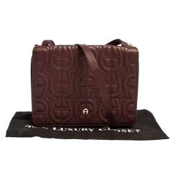 Aigner Burgundy Logo Embossed Leather Flap Crossbody Bag