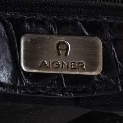 Pre Owned Aigner Black Crocodile Embossed Leather Buckle Hobo