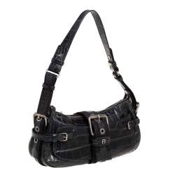 Pre Owned Aigner Black Crocodile Embossed Leather Buckle Hobo