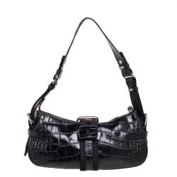 Pre Owned Aigner Black Crocodile Embossed Leather Buckle Hobo