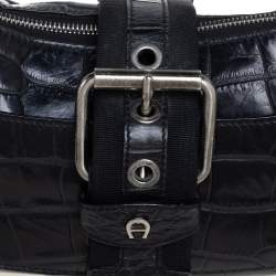 Pre Owned Aigner Black Crocodile Embossed Leather Buckle Hobo