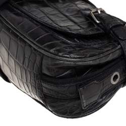 Pre Owned Aigner Black Crocodile Embossed Leather Buckle Hobo