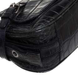 Pre Owned Aigner Black Crocodile Embossed Leather Buckle Hobo