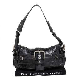 Pre Owned Aigner Black Crocodile Embossed Leather Buckle Hobo