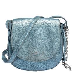 Pre Owned Aigner Metallic Blue Leather Flap Crossbody Bag