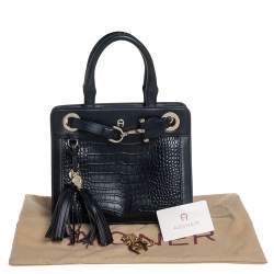 Pre Owned Aigner Black Crocodile Embossed Leather Cavallina Top Handle Bag