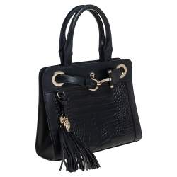 Pre Owned Aigner Black Crocodile Embossed Leather Cavallina Top Handle Bag