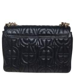 Pre Owned حقيبة كتف أيغنر جلد نقشة شعار الماركة بارز أسود وسلسلة وقلاب