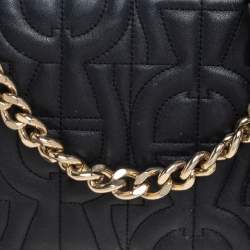 Pre Owned حقيبة كتف أيغنر جلد نقشة شعار الماركة بارز أسود وسلسلة وقلاب