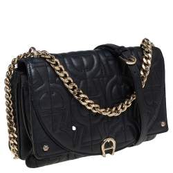 Pre Owned حقيبة كتف أيغنر جلد نقشة شعار الماركة بارز أسود وسلسلة وقلاب