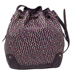 Pre Owned Aigner Purple Signature Coated Canvas and Leather Drawstring Shoulder Bag