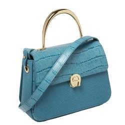 Pre Owned Aigner Blue Croc Embossed Leather Genoveva Top Handle Bag