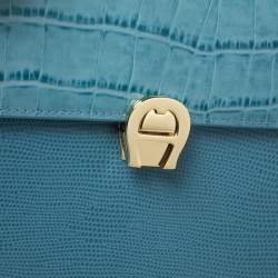 Pre Owned Aigner Blue Croc Embossed Leather Genoveva Top Handle Bag