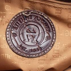 Pre Owned Aigner Brown/Beige Croc Embossed Leather and Raffia Logo Buckle Hobo