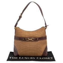 Pre Owned Aigner Brown/Beige Croc Embossed Leather and Raffia Logo Buckle Hobo