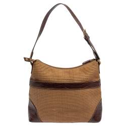 Pre Owned Aigner Brown/Beige Croc Embossed Leather and Raffia Logo Buckle Hobo