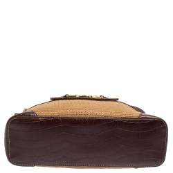 Pre Owned Aigner Brown/Beige Croc Embossed Leather and Raffia Logo Buckle Hobo