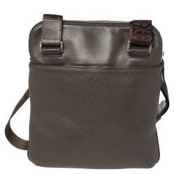 Pre Owned Aigner Dark Brown Monogram Embossed Leather Pocket Messenger Bag