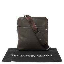 Pre Owned Aigner Dark Brown Monogram Embossed Leather Pocket Messenger Bag