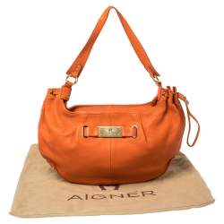 Pre Owned Aigner Orange Leather Logo Drawstring Hobo