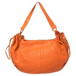 Pre Owned Aigner Orange Leather Logo Drawstring Hobo