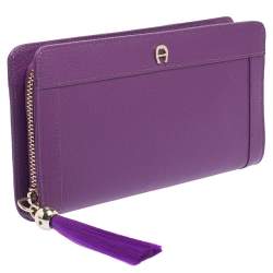 Pre Owned Aigner Purple Leather Zip Around Wallet