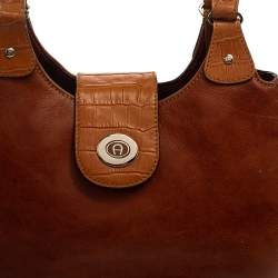 Pre Owned Aigner Brown Croc Embossed Leather and Leather Hobo