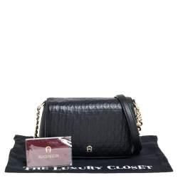 Pre Owned Aigner Black Leather Flap Crossbody Bag