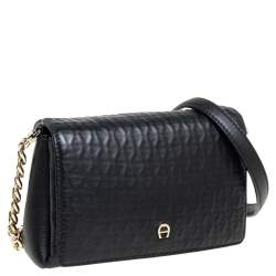 Pre Owned Aigner Black Leather Flap Crossbody Bag