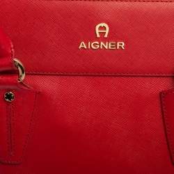 Pre Owned Aigner Red Leather Side Zip Satchel