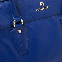 Pre Owned Aigner Blue Leather Side Zip Satchel