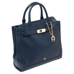 Pre Owned Aigner Blue Leather Turnlock Charm Tote