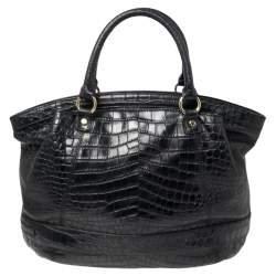 Pre Owned Aigner Black Croc Embossed Leather Dome Satchel