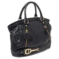 Pre Owned Aigner Black Croc Embossed Leather Dome Satchel
