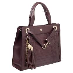 Pre Owned Aigner Burgundy Crocodile Embossed Leather Cavallina Tote