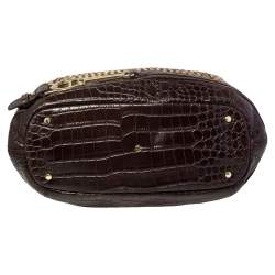 Pre Owned Aigner Brown/Beige Signature Canvas and Croc Embossed Leather Zip Satchel