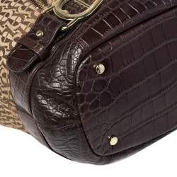 Pre Owned Aigner Brown/Beige Signature Canvas and Croc Embossed Leather Zip Satchel