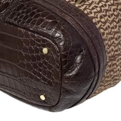 Pre Owned Aigner Brown/Beige Signature Canvas and Croc Embossed Leather Zip Satchel