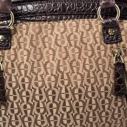 Pre Owned Aigner Brown/Beige Signature Canvas and Croc Embossed Leather Zip Satchel