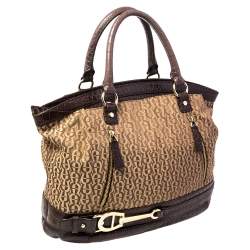 Pre Owned Aigner Brown/Beige Signature Canvas and Croc Embossed Leather Zip Satchel