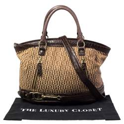 Pre Owned Aigner Brown/Beige Signature Canvas and Croc Embossed Leather Zip Satchel
