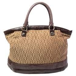 Pre Owned Aigner Brown/Beige Signature Canvas and Croc Embossed Leather Zip Satchel
