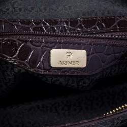 Pre Owned Aigner Brown/Beige Signature Canvas and Croc Embossed Leather Zip Satchel