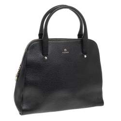 Pre Owned Aigner Black Leather Zip Satchel