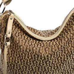 Pre Owned Aigner Beige/Cream Signature Canvas and Leather Zipped Hobo