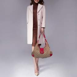 Pre Owned Aigner Red/Beige Signature Canvas and Leather Logo Buckle Flap Hobo