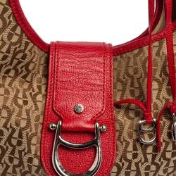 Pre Owned Aigner Red/Beige Signature Canvas and Leather Logo Buckle Flap Hobo