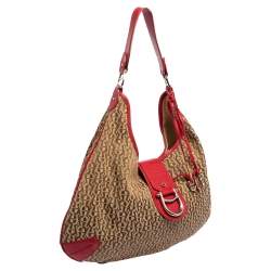 Pre Owned Aigner Red/Beige Signature Canvas and Leather Logo Buckle Flap Hobo