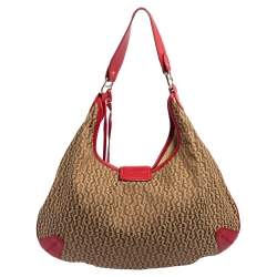 Pre Owned Aigner Red/Beige Signature Canvas and Leather Logo Buckle Flap Hobo